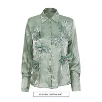 Retro Style Stand Collar Long Sleeve Women's Chiffon Shirt Floral Decoration Elegant 3D Flower Art Fashion Top main image 1