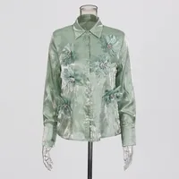 Retro Style Stand Collar Long Sleeve Women's Chiffon Shirt Floral Decoration Elegant 3D Flower Art Fashion Top sku image 3