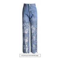 Elegant High Waist Straight Jeans Women Commuter Style Lace Design Patchwork Cotton Polyester Jeans Fashion main image 1