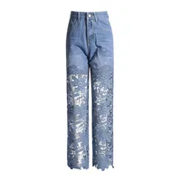 Elegant High Waist Straight Jeans Women Commuter Style Lace Design Patchwork Cotton Polyester Jeans Fashion main image 2