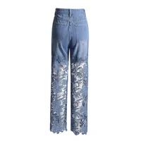 Elegant High Waist Straight Jeans Women Commuter Style Lace Design Patchwork Cotton Polyester Jeans Fashion main image 4