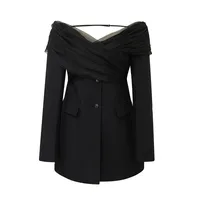 Elegant Slim Fit Single Shoulder Suit Jacket Women's High End Mesh Splice Waist Cinch Commute Style Long Sleeve Cotton Polyester sku image 7