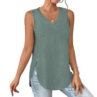 Casual V-neck Sleeveless Hollow T-shirt Women's Summer Spring New Hollow Lace Trim T-shirt Loose Design Commuter Style main image 4