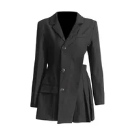 Elegant French Style Suit Dress V Neck Asymmetrical Hollow Out Splicing Design High End Texture Pure Color Long Sleeve Women's Wear main image 5