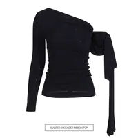 French Sexy Shoulder Bared Knitted Long Sleeve Women's Summer Top Asymmetrical Design Belt Casual Cotton Polyester T-shirt main image 1