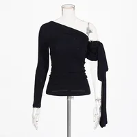 French Sexy Shoulder Bared Knitted Long Sleeve Women's Summer Top Asymmetrical Design Belt Casual Cotton Polyester T-shirt sku image 2