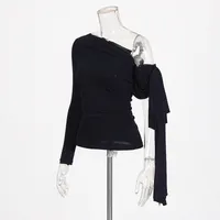 French Sexy Shoulder Bared Knitted Long Sleeve Women's Summer Top Asymmetrical Design Belt Casual Cotton Polyester T-shirt main image 3