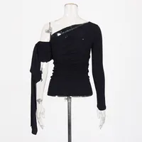 French Sexy Shoulder Bared Knitted Long Sleeve Women's Summer Top Asymmetrical Design Belt Casual Cotton Polyester T-shirt main image 4