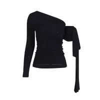 French Sexy Shoulder Bared Knitted Long Sleeve Women's Summer Top Asymmetrical Design Belt Casual Cotton Polyester T-shirt main image 5