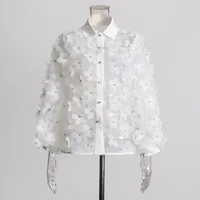 Hand Embroidered Long Sleeve Ladies Shirt 3D Mosaic Stand Collar Semi Transparent Fashionable Top Sweet Style Fresh Feel main image 2