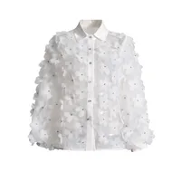 Hand Embroidered Long Sleeve Ladies Shirt 3D Mosaic Stand Collar Semi Transparent Fashionable Top Sweet Style Fresh Feel main image 5