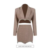 Elegant Casual Women's Fashion Set High Waist Mini Skirt Short Design Beads Two-Piece Suit Long Sleeve Pure Color Cotton Polyester main image 1
