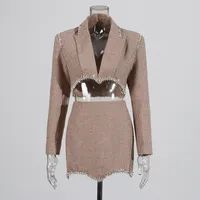 Elegant Casual Women's Fashion Set High Waist Mini Skirt Short Design Beads Two-Piece Suit Long Sleeve Pure Color Cotton Polyester main image 2