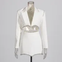 Elegant Casual Women's Fashion Set High Waist Mini Skirt Short Design Beads Two-Piece Suit Long Sleeve Pure Color Cotton Polyester main image 4