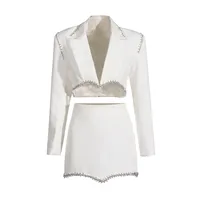 Elegant Casual Women's Fashion Set High Waist Mini Skirt Short Design Beads Two-Piece Suit Long Sleeve Pure Color Cotton Polyester main image 5