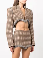 Elegant Casual Women's Fashion Set High Waist Mini Skirt Short Design Beads Two-Piece Suit Long Sleeve Pure Color Cotton Polyester sku image 1