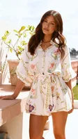Fashion Style Women's Jumpsuit Stand Collar Half Sleeve Belt Loose Short Polyester Fabric Commuter Style sku image 1