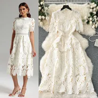 Spring Heavy Water Soluble Lace Mid-Length Dress Vacation Skirt Elegant High Waist A- Line Skirt Short Sleeve Floral Pattern Dress main image 1