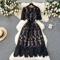 Spring Heavy Water Soluble Lace Mid-Length Dress Vacation Skirt Elegant High Waist A- Line Skirt Short Sleeve Floral Pattern Dress main image 2