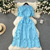 Spring Heavy Water Soluble Lace Mid-Length Dress Vacation Skirt Elegant High Waist A- Line Skirt Short Sleeve Floral Pattern Dress main image 3