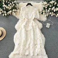 Spring Heavy Water Soluble Lace Mid-Length Dress Vacation Skirt Elegant High Waist A- Line Skirt Short Sleeve Floral Pattern Dress main image 4