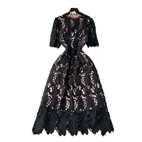 Spring Heavy Water Soluble Lace Mid-Length Dress Vacation Skirt Elegant High Waist A- Line Skirt Short Sleeve Floral Pattern Dress main image 5