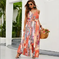 Fashion Print Beach Dress Women Strapless Maxi Skirt High Waist Ankle Length V-neck Sleeveless Expansion Skirt Suitable For Spring And Summer Season main image 4