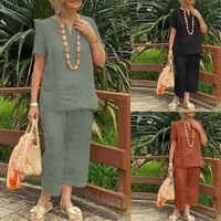 Casual Loose Summer Short Sleeve Shirt And Elastic Waist Pants 2-Piece Set Women's Comfortable Breathable Linen Cotton Blend main image 1