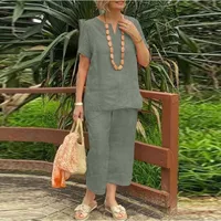 Casual Loose Summer Short Sleeve Shirt And Elastic Waist Pants 2-Piece Set Women's Comfortable Breathable Linen Cotton Blend main image 2