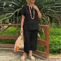 Casual Loose Summer Short Sleeve Shirt And Elastic Waist Pants 2-Piece Set Women's Comfortable Breathable Linen Cotton Blend main image 3