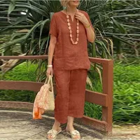 Casual Loose Summer Short Sleeve Shirt And Elastic Waist Pants 2-Piece Set Women's Comfortable Breathable Linen Cotton Blend main image 4
