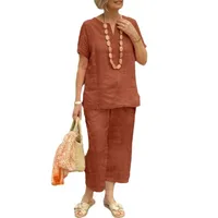Casual Loose Summer Short Sleeve Shirt And Elastic Waist Pants 2-Piece Set Women's Comfortable Breathable Linen Cotton Blend main image 5