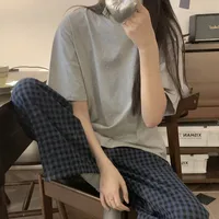 Fashion Style Women's Summer Pajamas Short-Sleeved Casual Plaid Pants Home Wear Two-Piece Set Breathable Comfortable Trueran Blend main image 1