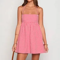 Fashion Style Off Shoulder Plaid Mini Dress Sexy Summer Holiday Dress Women's Fashion High Waist A- Line Skirt One Shoulder Design sku image 1