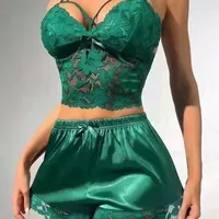 European Style Lace Short Tops And Shorts Pajamas Suit Women's Summer Casual Sexy Home Wear V-neck Sleeveless Polyester main image 1