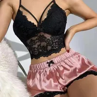 European Style Lace Short Tops And Shorts Pajamas Suit Women's Summer Casual Sexy Home Wear V-neck Sleeveless Polyester main image 2