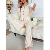 Spring  New V-neck Cardigan Pajamas Women's Suit European-Style High-Grade Bell-Sleeve Trousers Floral Homewear main image 1