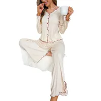 Spring  New V-neck Cardigan Pajamas Women's Suit European-Style High-Grade Bell-Sleeve Trousers Floral Homewear main image 4