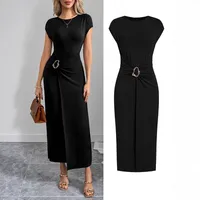 Summer New Women's Long Slim Round Neck Solid Color Dress Commuter Vacation High Waist Ankle Knitted Dress main image 1