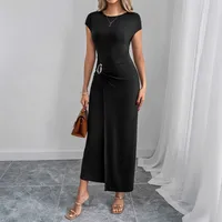 Summer New Women's Long Slim Round Neck Solid Color Dress Commuter Vacation High Waist Ankle Knitted Dress main image 3