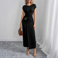 Summer New Women's Long Slim Round Neck Solid Color Dress Commuter Vacation High Waist Ankle Knitted Dress main image 4