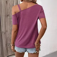 Elegant Metal Buckle Short-Sleeved T-shirt Asymmetric Shoulder Off-Shoulder Loose Design Slim Top Women's Cotton Lycra Blend main image 2