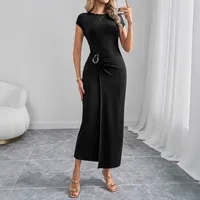 Summer New Women's Long Slim Round Neck Solid Color Dress Commuter Vacation High Waist Ankle Knitted Dress sku image 1