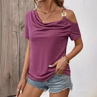 Elegant Metal Buckle Short-Sleeved T-shirt Asymmetric Shoulder Off-Shoulder Loose Design Slim Top Women's Cotton Lycra Blend main image 4