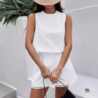 Elegant Backless Embroidery Vest Shorts Set Women's White Solid Color Burning Flower Pattern Fashion Summer Clothing main image 1