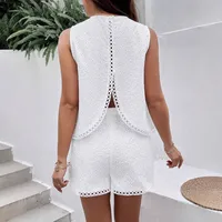 Elegant Backless Embroidery Vest Shorts Set Women's White Solid Color Burning Flower Pattern Fashion Summer Clothing main image 2