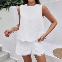 Elegant Backless Embroidery Vest Shorts Set Women's White Solid Color Burning Flower Pattern Fashion Summer Clothing main image 3
