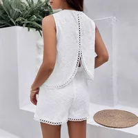 Elegant Backless Embroidery Vest Shorts Set Women's White Solid Color Burning Flower Pattern Fashion Summer Clothing main image 4