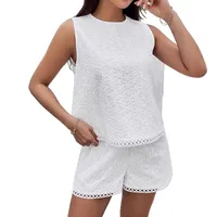 Elegant Backless Embroidery Vest Shorts Set Women's White Solid Color Burning Flower Pattern Fashion Summer Clothing main image 5