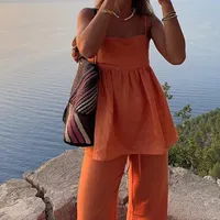 Elegant Casual Fashion Set Loose Solid Color Suspender Trousers Women's Polyester Sleeveless Elegant Commuter Style main image 2